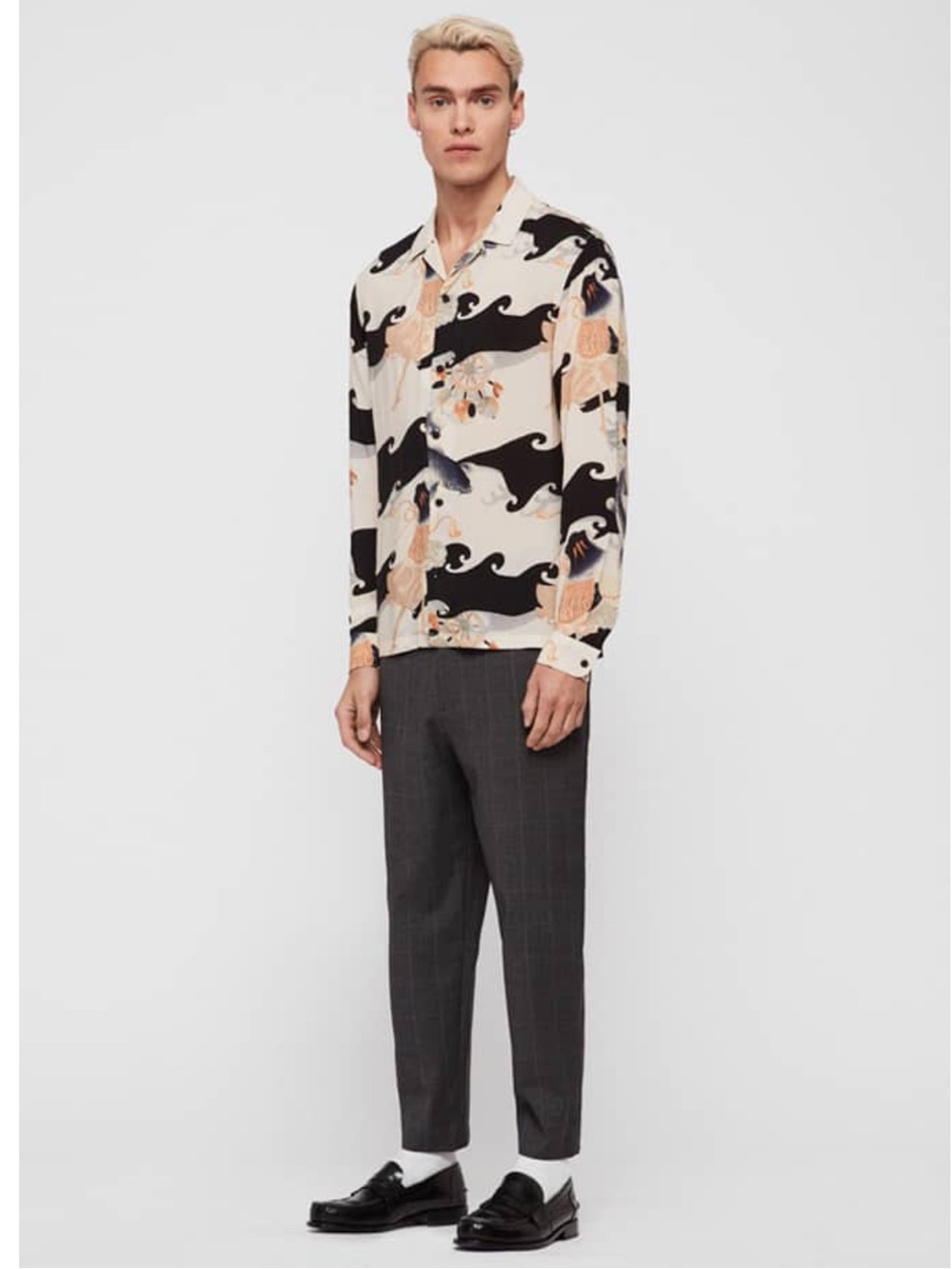 AllSaints Pisces LS Shirt Koi Fish Black Wave Graphic Button-Up Viscose Mens Sm